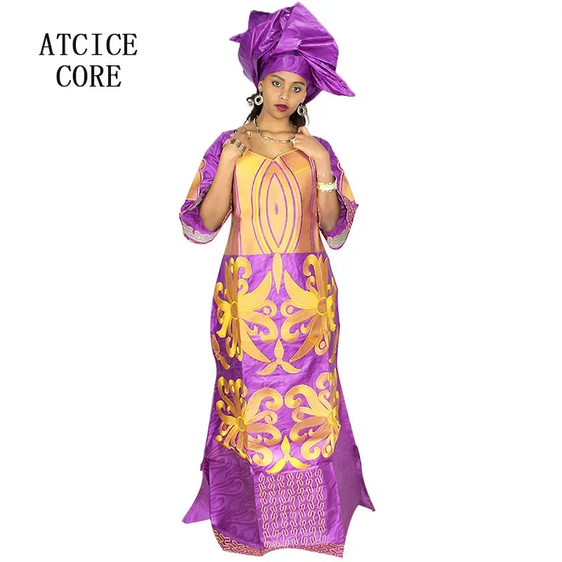 African Dress For Woman Bazin Riche Embroidery Design Floor Length Dress With Scarf