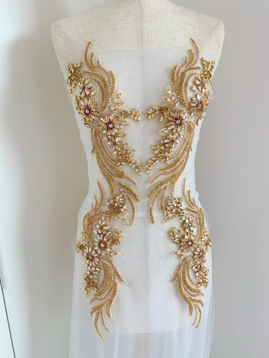 "Luxury French Bead Applique in Champagne Gold – Crystal Bodice Patch for Ball Gown, Wedding Clothing, Bridal Sash & Headpiece"