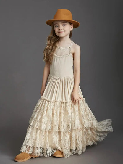 New 2024 Princess Girls Short Sleeve Lace Long Floor Dresses Baby Kids Flower Wedding Christmas Party Vestidos Children Clothing