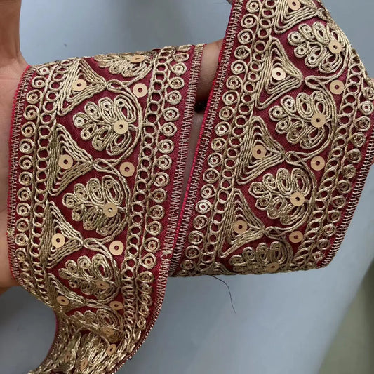 1 Yard Red Gold Thread Lace Fabric Trim Ethnic Style Clothing Sequins Embroidered For Curtain Shoes Jacquard Ribbon Accessories