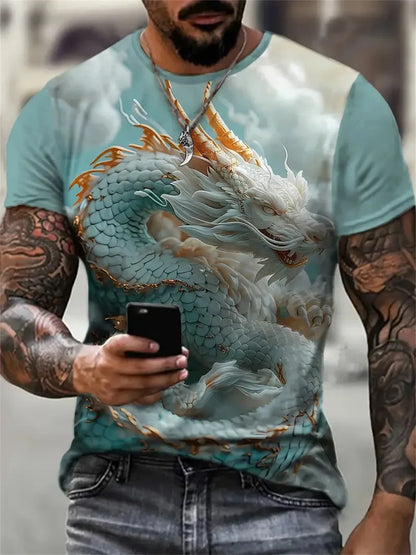 Mens Dragon Print Cotton Blend T-shirt - Stylish Crew Neck Comfortable & Breathable for Summer Casual Everyday Wear Hot Sale