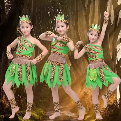 Green Children's Wear Plays Out Costume Tage Costume African Dance Indian Savage Hunter Show Costume Dance Costume  -BC9886