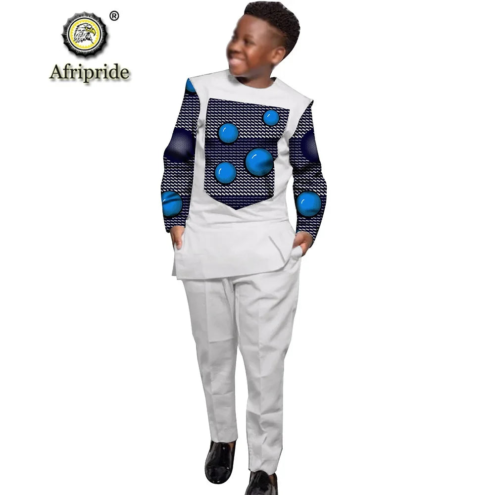 African Clothing for Boy Suit with Long Sleeves Wax Print Anakara Clothing  Dashiki Shirts and Ankara Pants AFRIPRIDE S204004