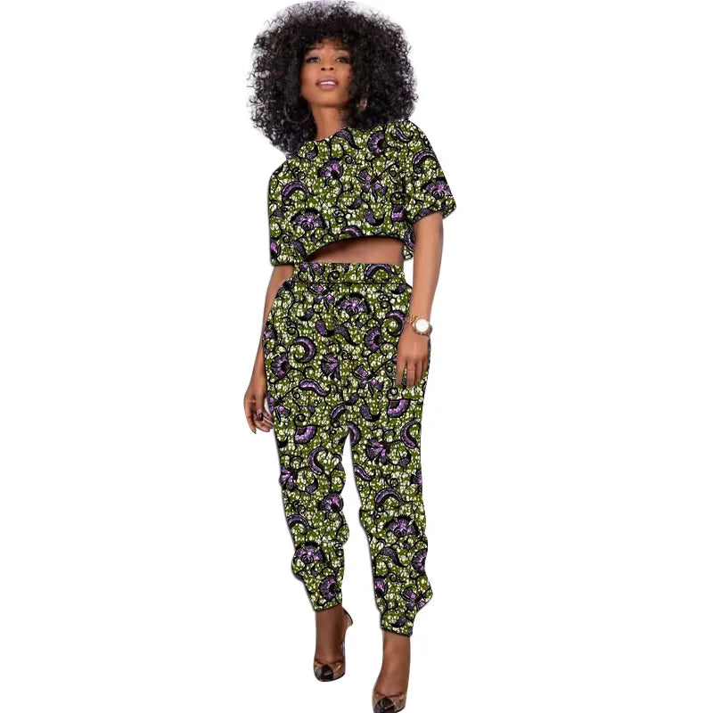 African Print Outfit Summer Women's Set Short Tops With Jogger Pants Casual Female Ankara Clothing