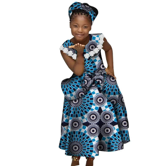 African Dresses for Little Girls Pleated Skirt Gifted Hair Band Lovely Girl Clothing with Big Bow Custom Size Clothes  WYT538