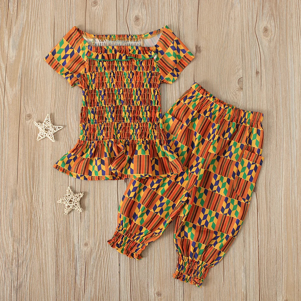 Girls children's European and American summer style African Bohemian style geometric short-sleeved tops and pants two-piece