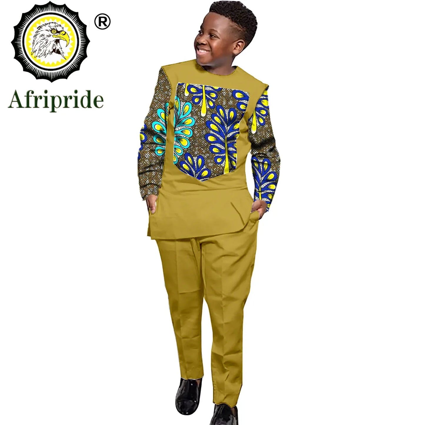 African Clothing for Boy Suit with Long Sleeves Wax Print Anakara Clothing  Dashiki Shirts and Ankara Pants AFRIPRIDE S204004