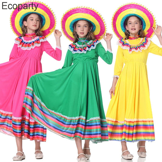 New Children Mexican Tradition Nation Costume Girls Colorful Mexico Flamenco Dance Dress Kids Carnival Party Stage Show Outfits