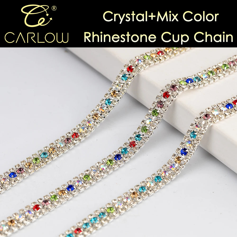 CARLOW AAAAA 3 Rows Rhinestone Cup Chain Sew on Shiny Gold Base Glass Stone Chain for Garement Decoration DIY