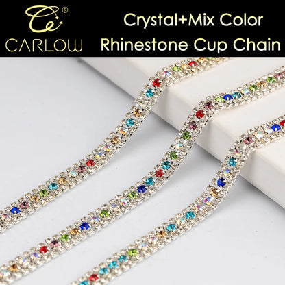 CARLOW AAAAA 3 Rows Rhinestone Cup Chain Sew on Shiny Gold Base Glass Stone Chain for Garement Decoration DIY