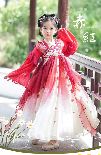 Chinese Vintage Style Girls Long Sleeve Red Hanfu Dress Sweet Chinese Princess Mesh Dress Traditional New Year Cosplay Custom