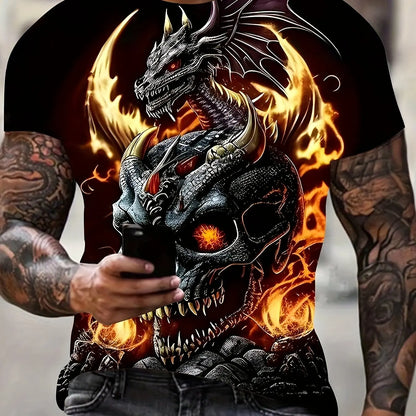 Mens Dragon Print Cotton Blend T-shirt - Stylish Crew Neck Comfortable & Breathable for Summer Casual Everyday Wear Hot Sale