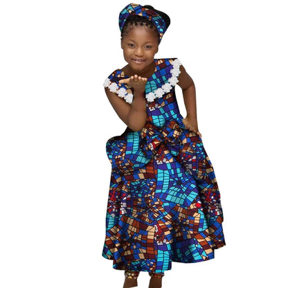 African Dresses for Little Girls Pleated Skirt Gifted Hair Band Lovely Girl Clothing with Big Bow Custom Size Clothes  WYT538