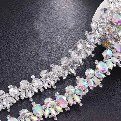 1 Yard Luxury Shiny Glass Strass Bridal Dress Belt Sash Trim Appliques – Clear AB Silver Rhinestones Sew-On Decorations