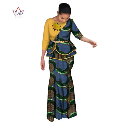 BRW Traditional African Clothes for Women Dashiki 2 Pcs Outfits Rose Applique Tops and Long Skirt Set Elegant Party Dress WY2642