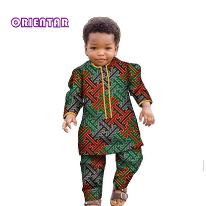 Ankara Fashion Floral Print Boy Suit 2 Pcs Set Long Sleeve Shirt and Pant African Clothes for Boy Dashiki Boy Outfit Wyt621