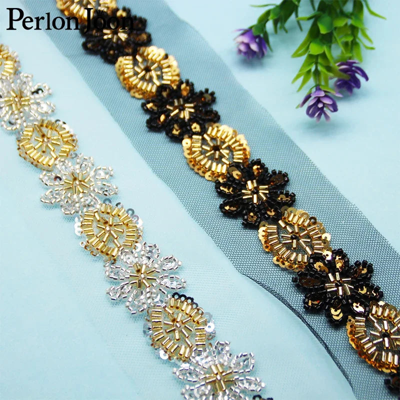 5 Yards Flower Round Shape Black Gold Glass Beaded Sequin Imitation Handmade Mesh Lace Trim DIY Sew Decorated for Clothing HB084