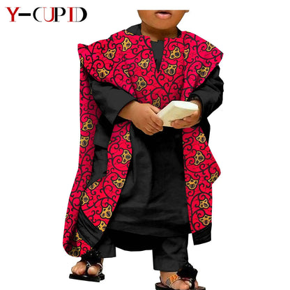 African Clothes for Kids Abaya Boys Outfits Bazin Riche Children Shirt and Pants Print Robes 3 Pieces Sets Ankara Suits S204032