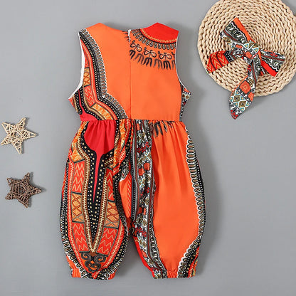 Girls Summer African Bohemian Style Sleeveless Bodysuit Long Romper + Hairband 2 Pieces Children's Clothing