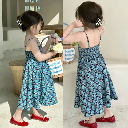 Girls' Camisole Dress Summer Korean Holiday Style Dress Personalized Retro Printed Vest Dress Fashionable Children'S Clothing