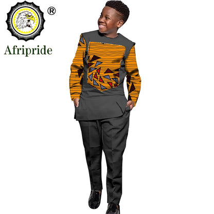 African Clothing for Boy Suit with Long Sleeves Wax Print Anakara Clothing  Dashiki Shirts and Ankara Pants AFRIPRIDE S204004