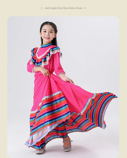 2024 New  Mexican Girls' Skirts Big Skirts Ethnic Style Dresses Dance Costumes Rose Red Costumes Love Live Cosplay