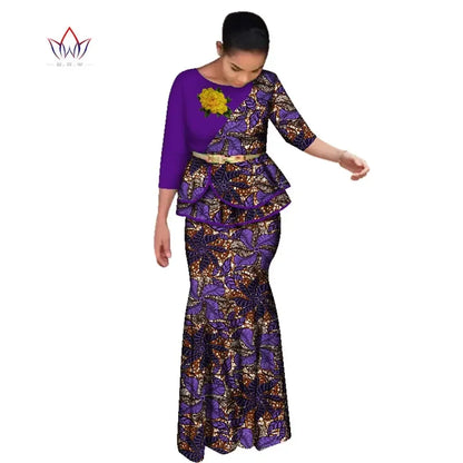 BRW Traditional African Clothes for Women Dashiki 2 Pcs Outfits Rose Applique Tops and Long Skirt Set Elegant Party Dress WY2642