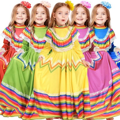 Women Traditional Mexican Folk Dancer Dress for Adult National Mexico Style Cinco De Mayo Costume Bohemia Long