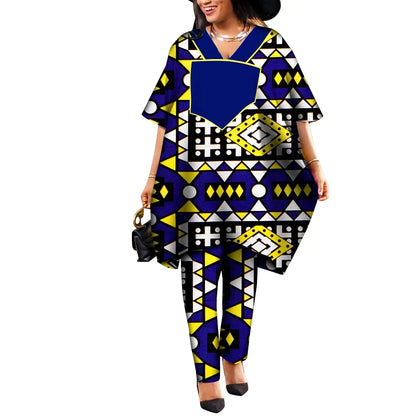 Ankara African Prints Two Pieces Set Women's Agbada Pant Suits Wax Cotton Loose T-Shirt Dashiki Clothing Plus Size WY9100