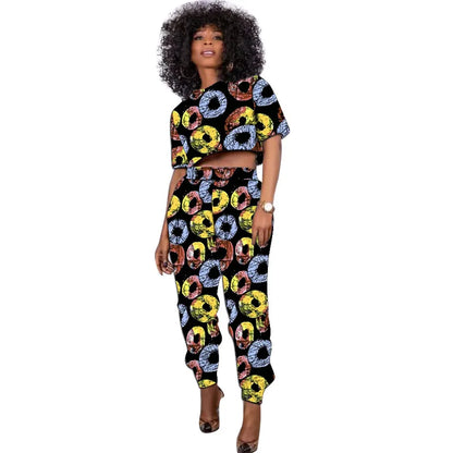 African Print Outfit Summer Women's Set Short Tops With Jogger Pants Casual Female Ankara Clothing