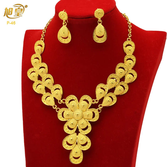 Dubai Gold Color Jewelry Set For Women Bridal Wedding Necklace And Earrings Set