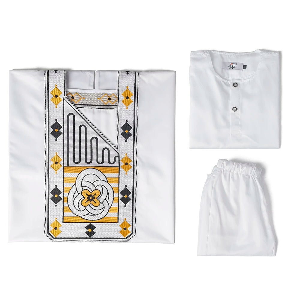 H&D New African Tradition Clothes For Kids Boys White Long Sleeve Tops Embroidery Dashiki Robe Shirt Pant Child Set 3 PCS 2024