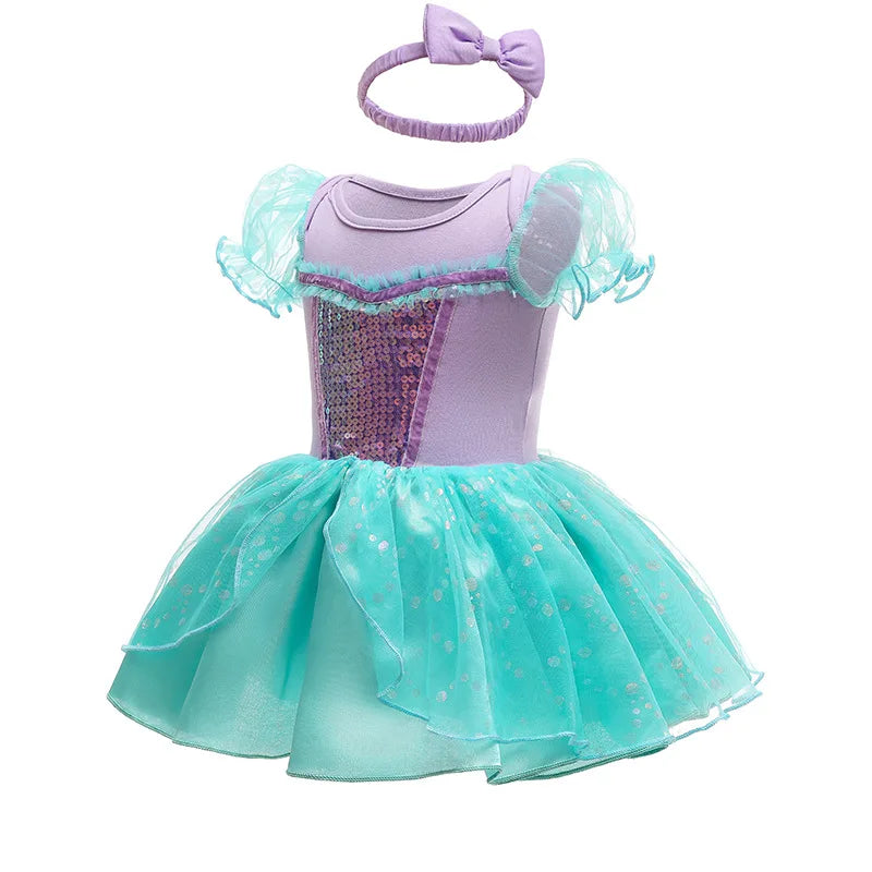 Baby Girls Princess Romper Bodysuit Headband 2pcs Elsa Anna Snow White Mermaid Bell Costumes Newborn Jumpsuits Tulle Bow Rompers