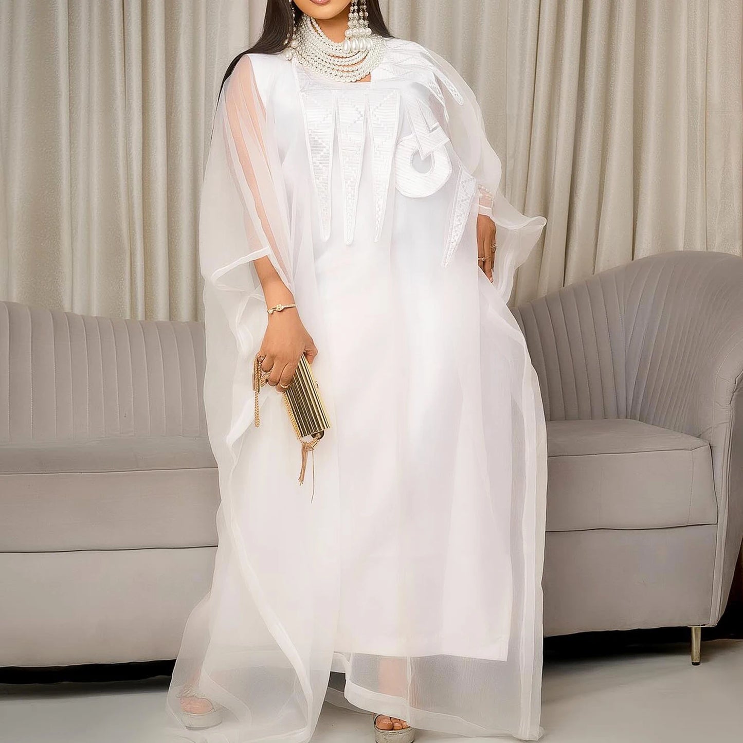 African Attire For Women White Abaya Embroidery Plus Size Elegant Party Church Dress