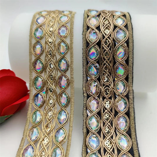 2.5/4.5 cm Width Colorful Sequins Gold thread Lace 3D Embroidered Webbing White Sewing Lace for Wedding Needlework Dress