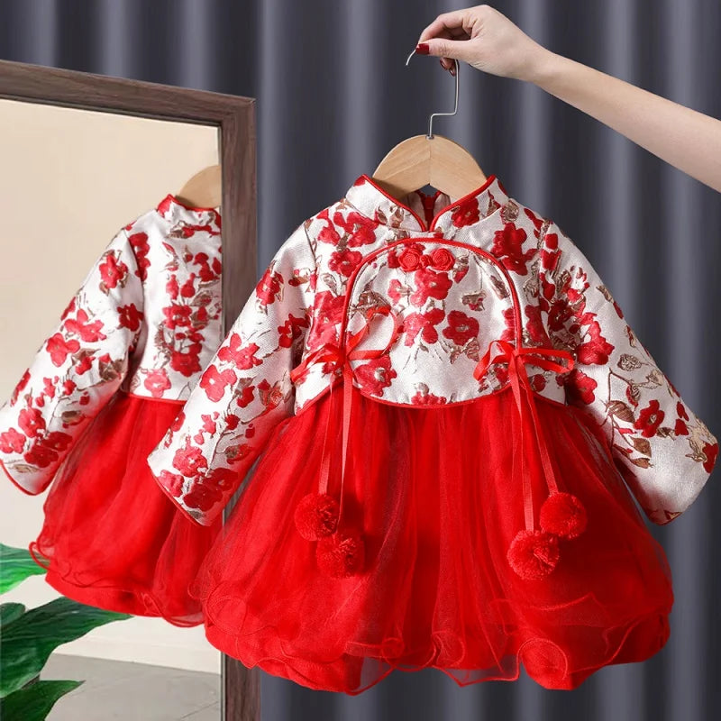 Ancient Chinese Clothing Dress Children's New Year Clothes Autumn and Winter Dress Baby Girl One Year Old Dress Princess Dress F