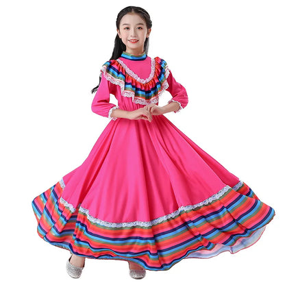 2024 New  Mexican Girls' Skirts Big Skirts Ethnic Style Dresses Dance Costumes Rose Red Costumes Love Live Cosplay