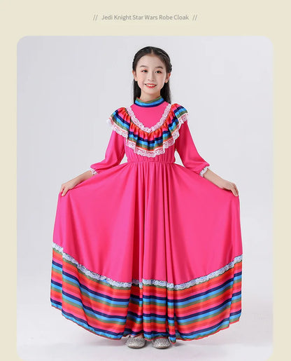 2024 New  Mexican Girls' Skirts Big Skirts Ethnic Style Dresses Dance Costumes Rose Red Costumes Love Live Cosplay