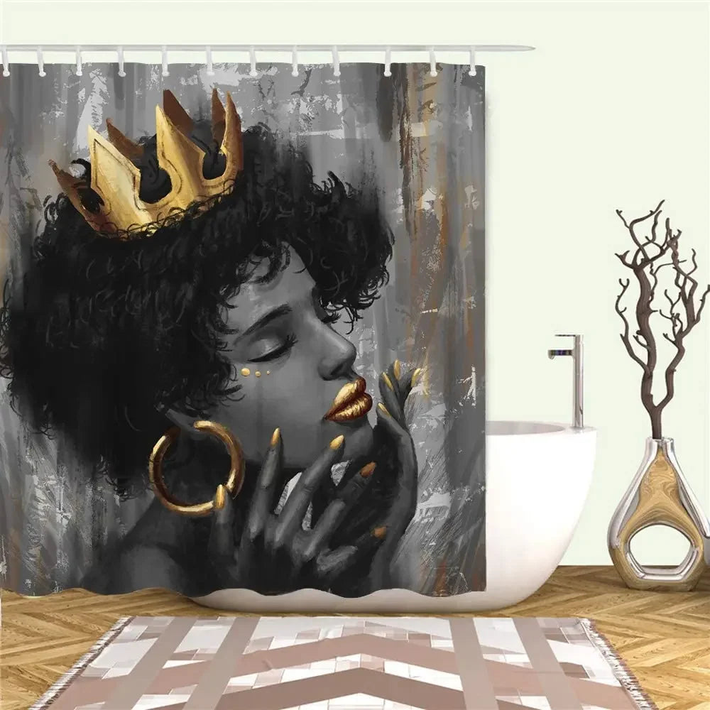 African Women Shower Curtain - Black Girl with Gold Crown Art, Elegant Bathroom Décor