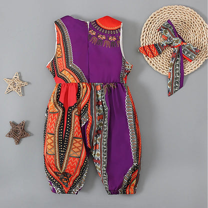 Girls Summer African Bohemian Style Sleeveless Bodysuit Long Romper + Hairband 2 Pieces Children's Clothing