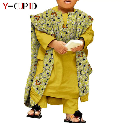 African Clothes for Kids Abaya Boys Outfits Bazin Riche Children Shirt and Pants Print Robes 3 Pieces Sets Ankara Suits S204032