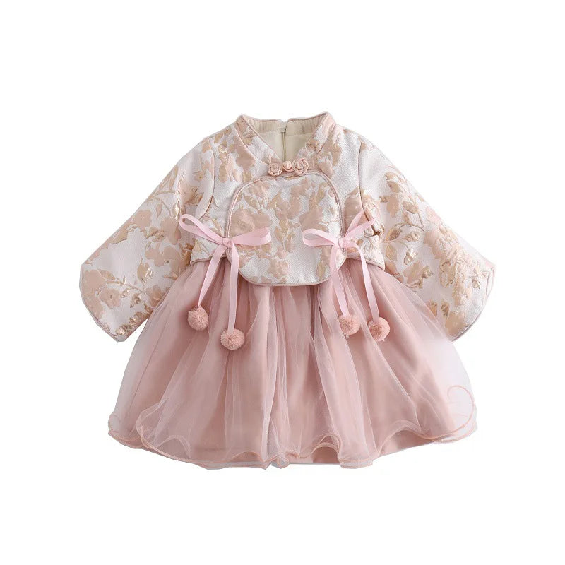 Ancient Chinese Clothing Dress Children's New Year Clothes Autumn and Winter Dress Baby Girl One Year Old Dress Princess Dress F