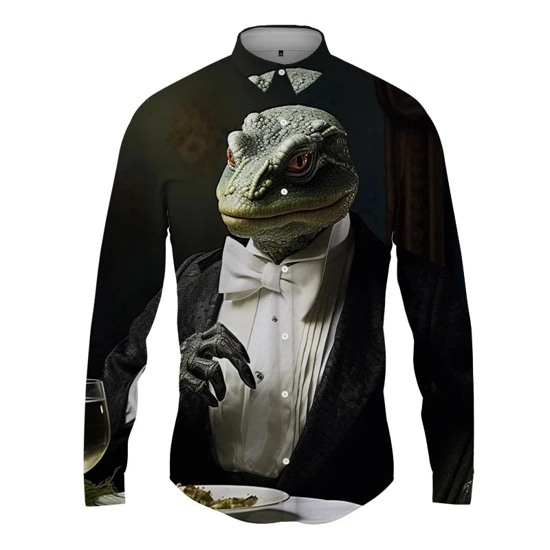 Cold-Blooded Lizard Print Men's Shirts Casual Single-Breasted Blouses Long Sleeve Shirt Streetwear Lapel Tops Trend Men Clothing