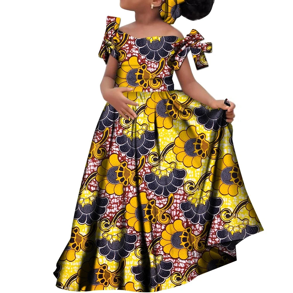 Kids Girls African Dashiki Dress Printted Vestidos Kids Cute Party Dresses African Clothing Long Dresses with Headscarf Wyt659