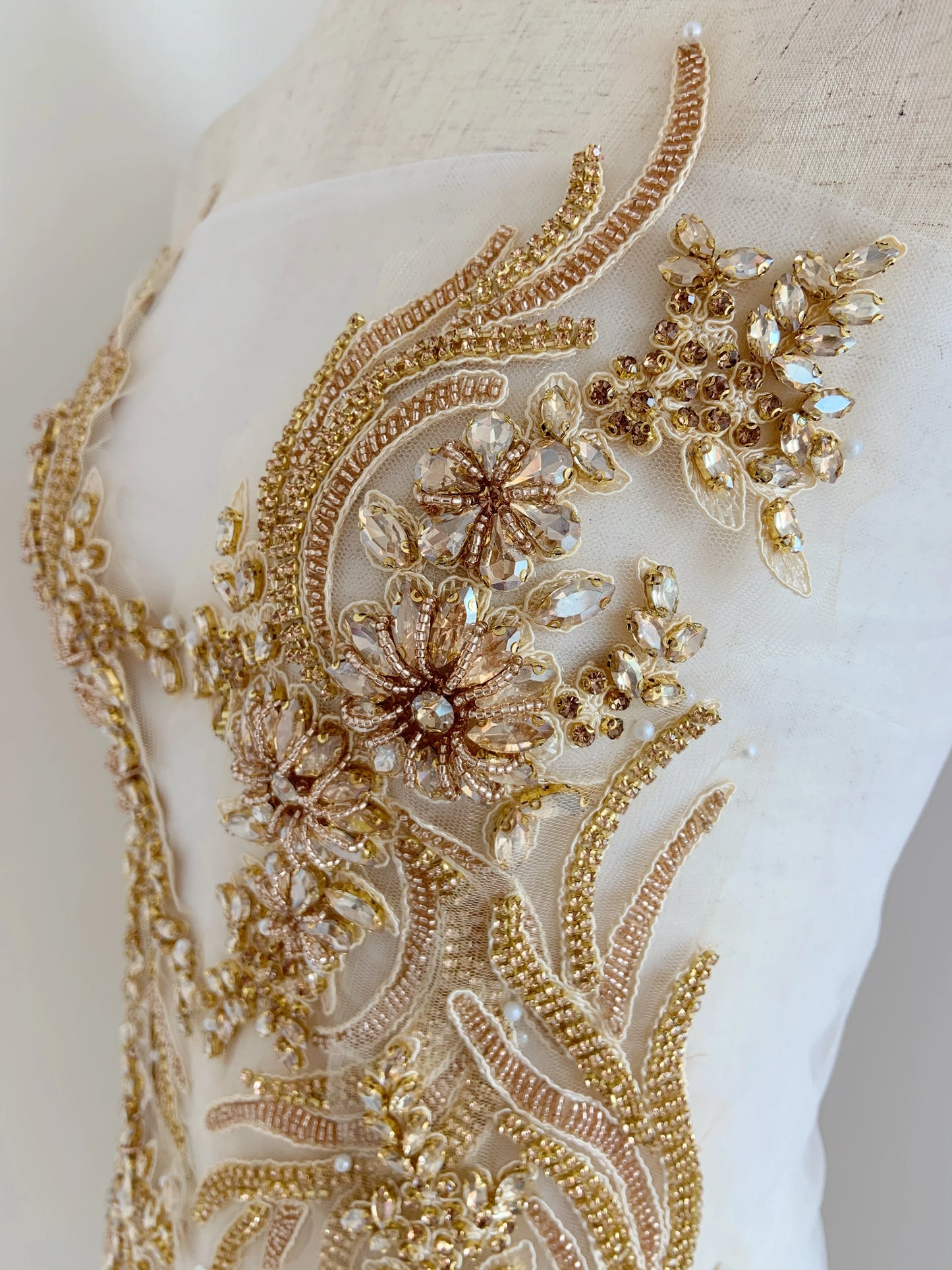 "Luxury French Bead Applique in Champagne Gold – Crystal Bodice Patch for Ball Gown, Wedding Clothing, Bridal Sash & Headpiece"