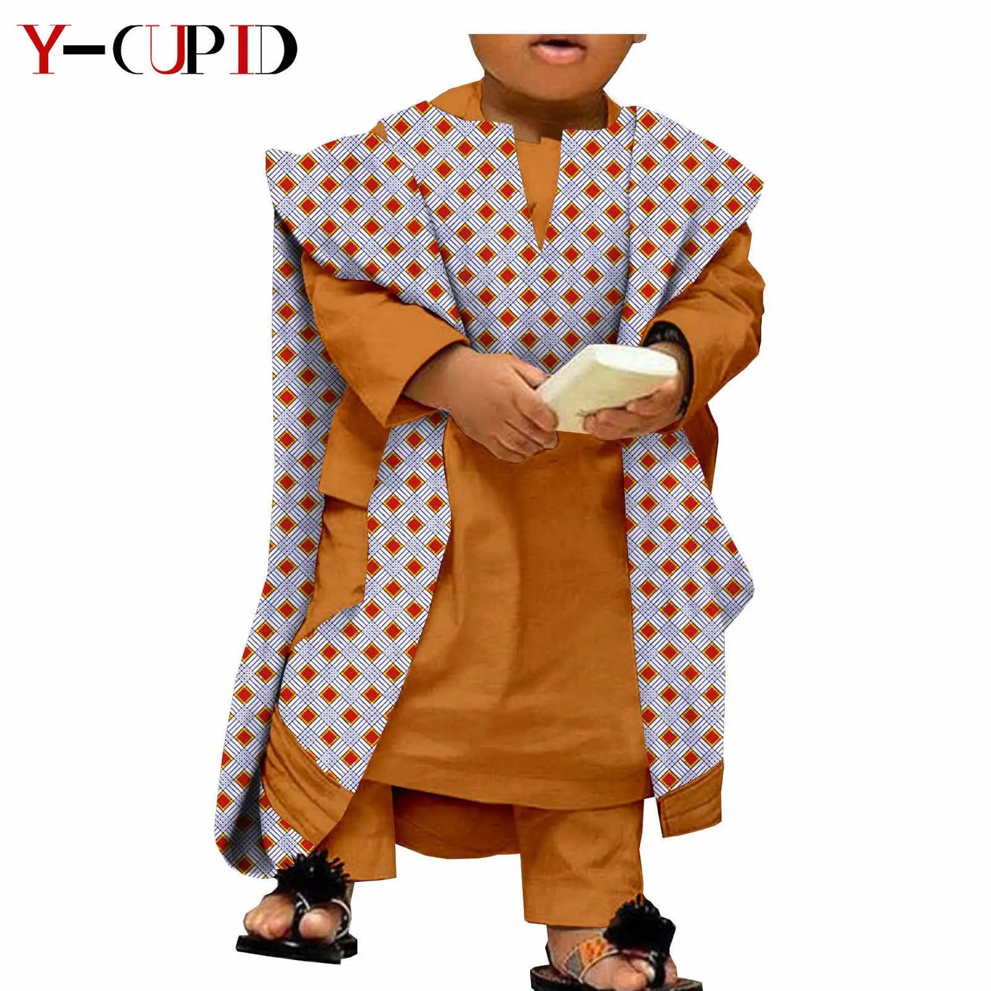 African Clothes for Kids Abaya Boys Outfits Bazin Riche Children Shirt and Pants Print Robes 3 Pieces Sets Ankara Suits S204032