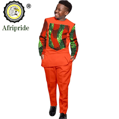 African Clothing for Boy Suit with Long Sleeves Wax Print Anakara Clothing  Dashiki Shirts and Ankara Pants AFRIPRIDE S204004