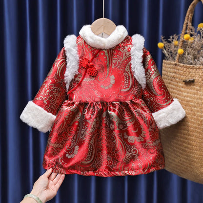 Ancient Chinese Clothing Dress Children's New Year Clothes Autumn and Winter Dress Baby Girl One Year Old Dress Princess Dress F