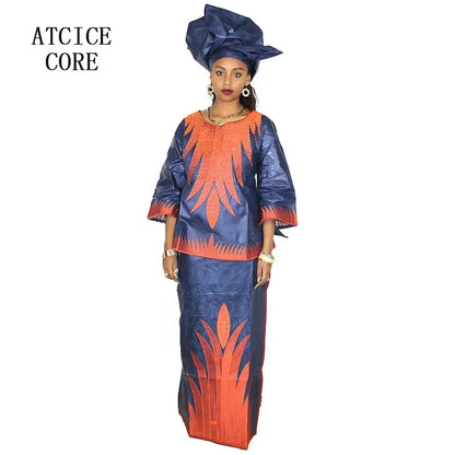 African Dresses For Women Church Dress Bazin Riche Embroidery Design Robe Top Scarf Three Pcs One Set