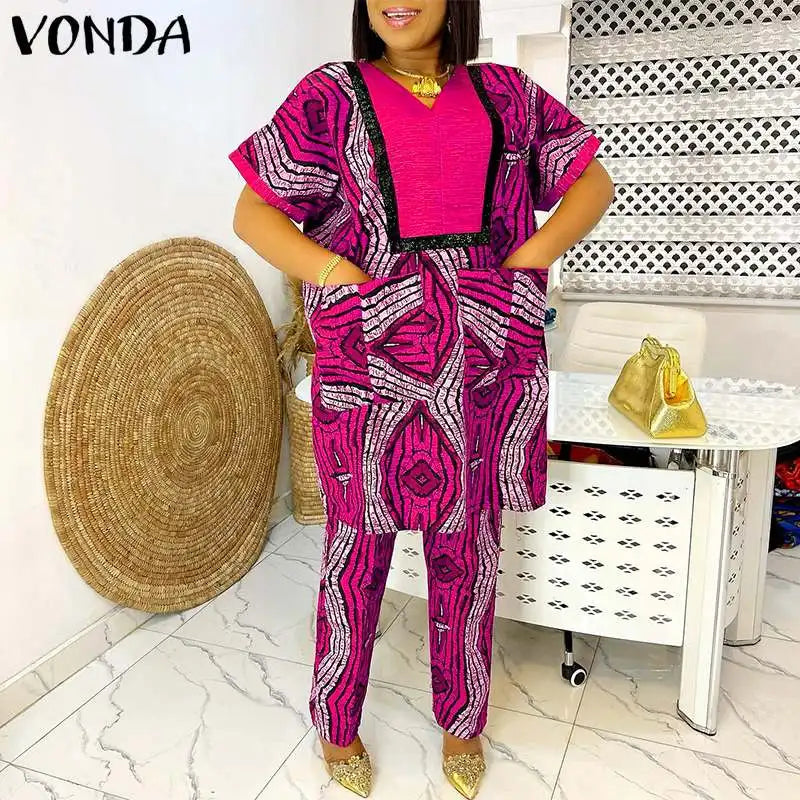 2 Piece Sets Women Summer Printing Loungewear Pants Sets VONDA 2024 Vintage Short Sleeve Tops Loose Pants Suits Matching Sets